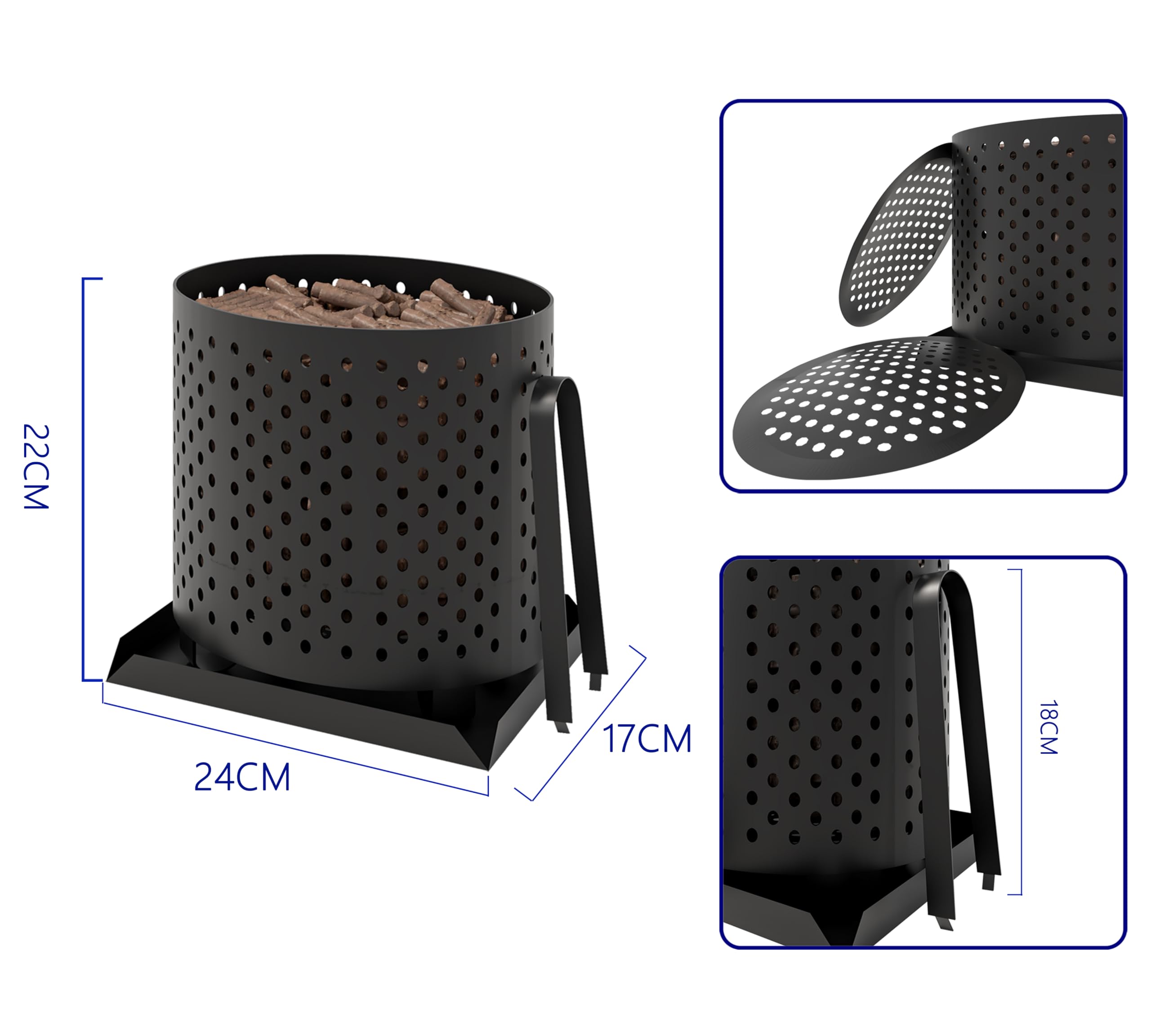 Panier à granulés Kingsons pour cheminée et poêle – Plateau de feu multifonction pour granulés de bois, copeaux et charbon – Brûleur en acier avec bacs à cendres, plaque de base et pincettes – 24 x 17