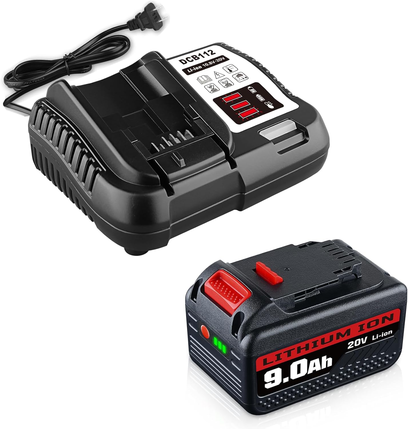 DCB200 9.0Ah Lithium Battery Replacement for Dewalt 20V Battery and DCB112 Charger Compatible with Dewalt Battery DCB201 DCB202 DCB203 DCD/DCF/DCG Cordless Power Tools