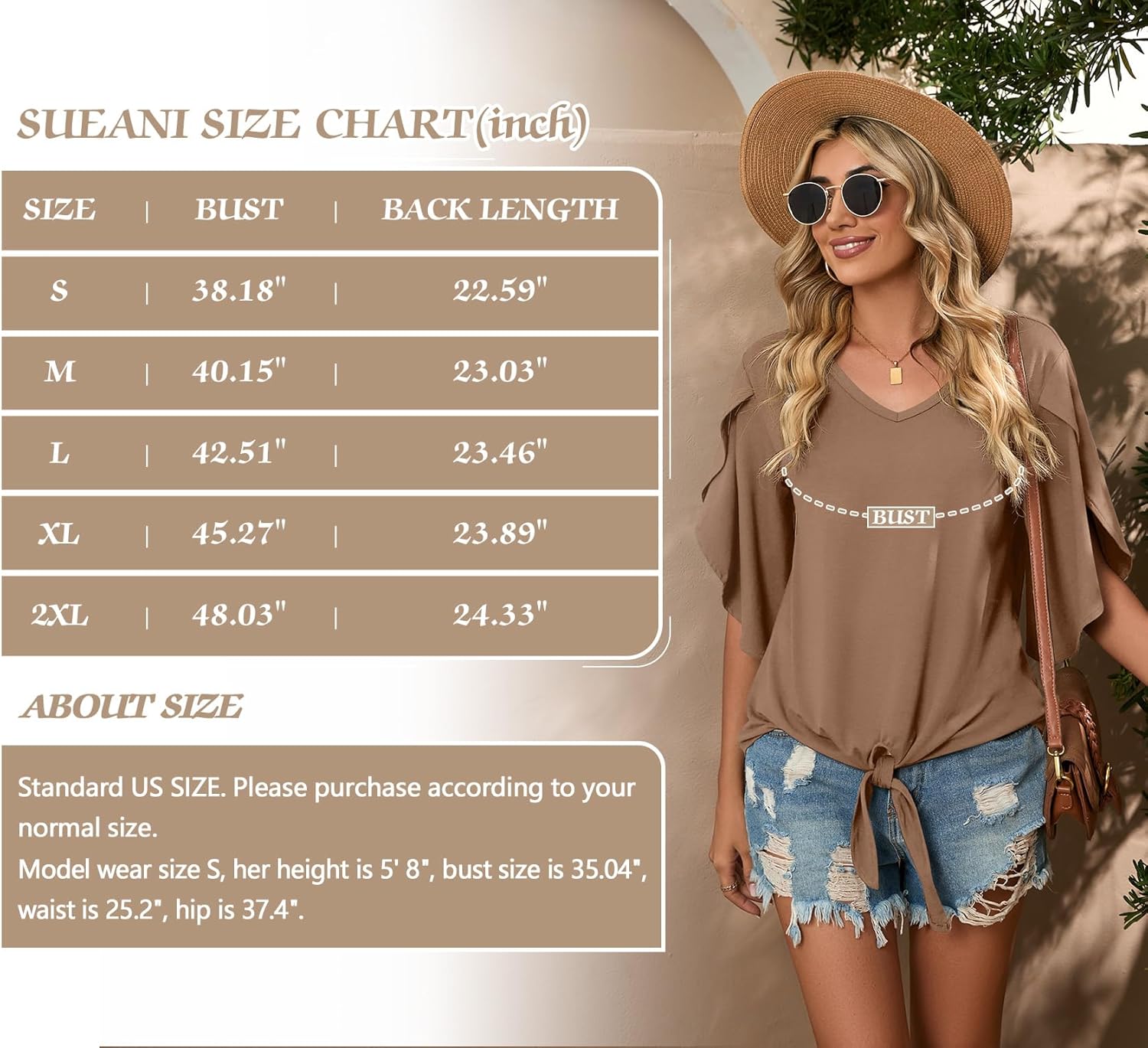 SUEANI Women's Tie Front Blouses V Neck 3/4 Split Sleeve Summer Knot Tops T Shirts - Image 6