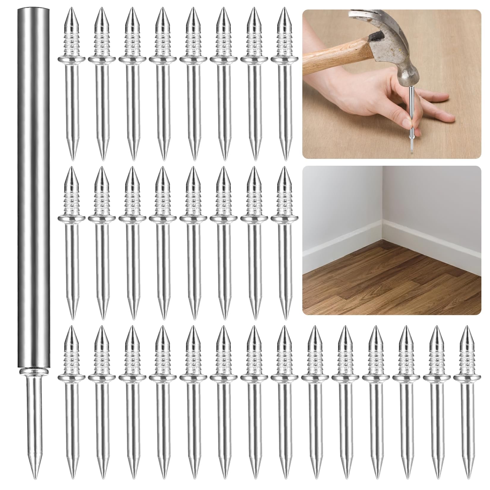 Azonee 100 Pcs Double-Head Skirting Thread Seamless Nail, No Trace Skirting Board Nails, Invisible Screws & Nail-Specific Sleeve Tool, Woodworking Hidden Nails for Furniture Home Decor