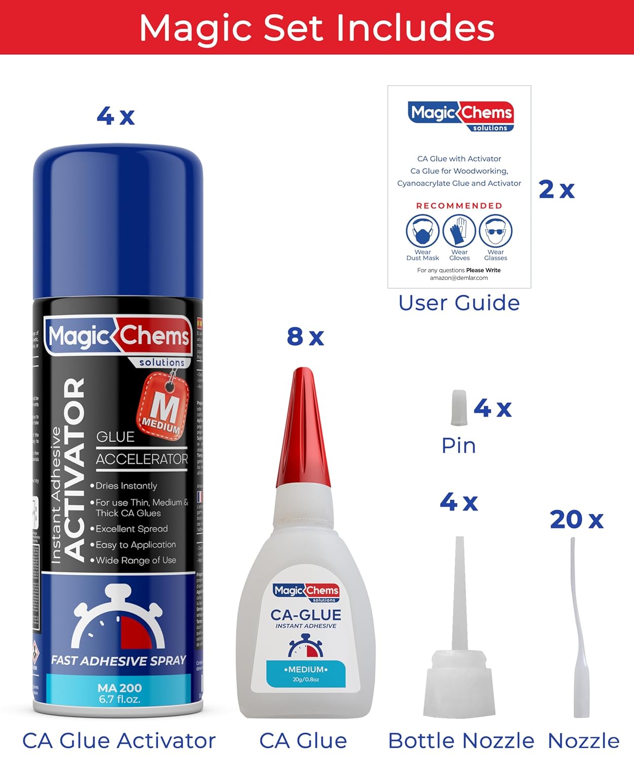 CA Glue with Activator Kit (8 x 0.8 oz Glue + 4 x 6.7 fl oz Activator), Cyanoacrylate Adhesive for 3D Printing & Acrylic, Strong Bond Super Glue Accelerator Set (4 Pack)