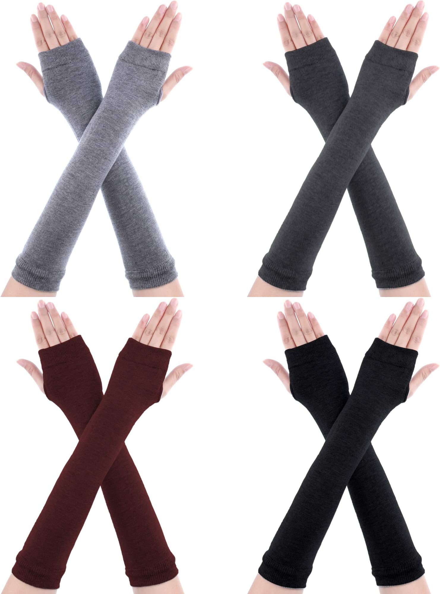 4 Pair Long Arm Sleeves with Thumb Hole Fingerless Gloves for Women Punk Arm Warmer Elbow Length Gloves for Adult