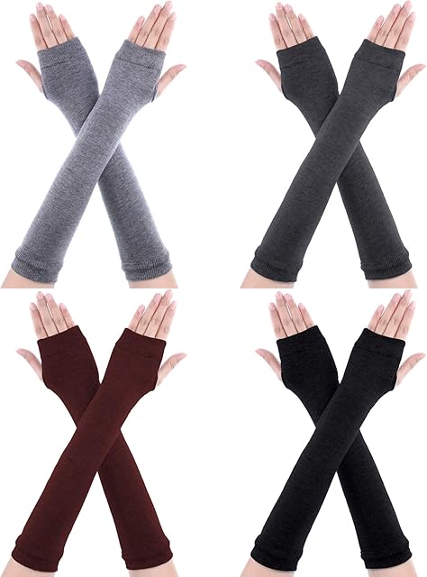 SATINIOR 4 Pairs Long Fingerless Gloves Warmer Thumbhole Elbow Length Gloves for Women (Color Set 2)