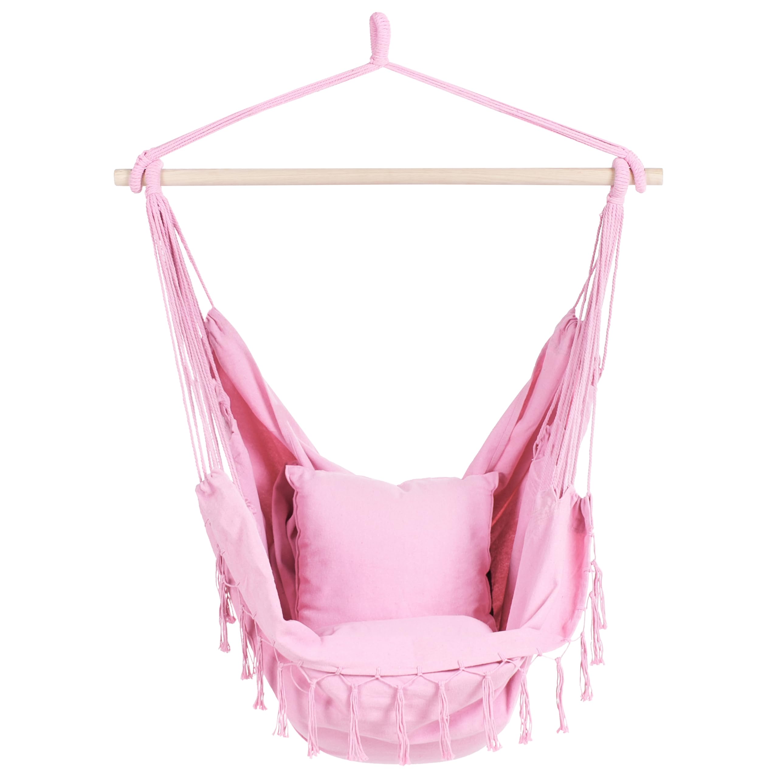 Brasilianischer Hängesessel Baumwolle/Buchenholz rosa mit Fransen Boho Bonea