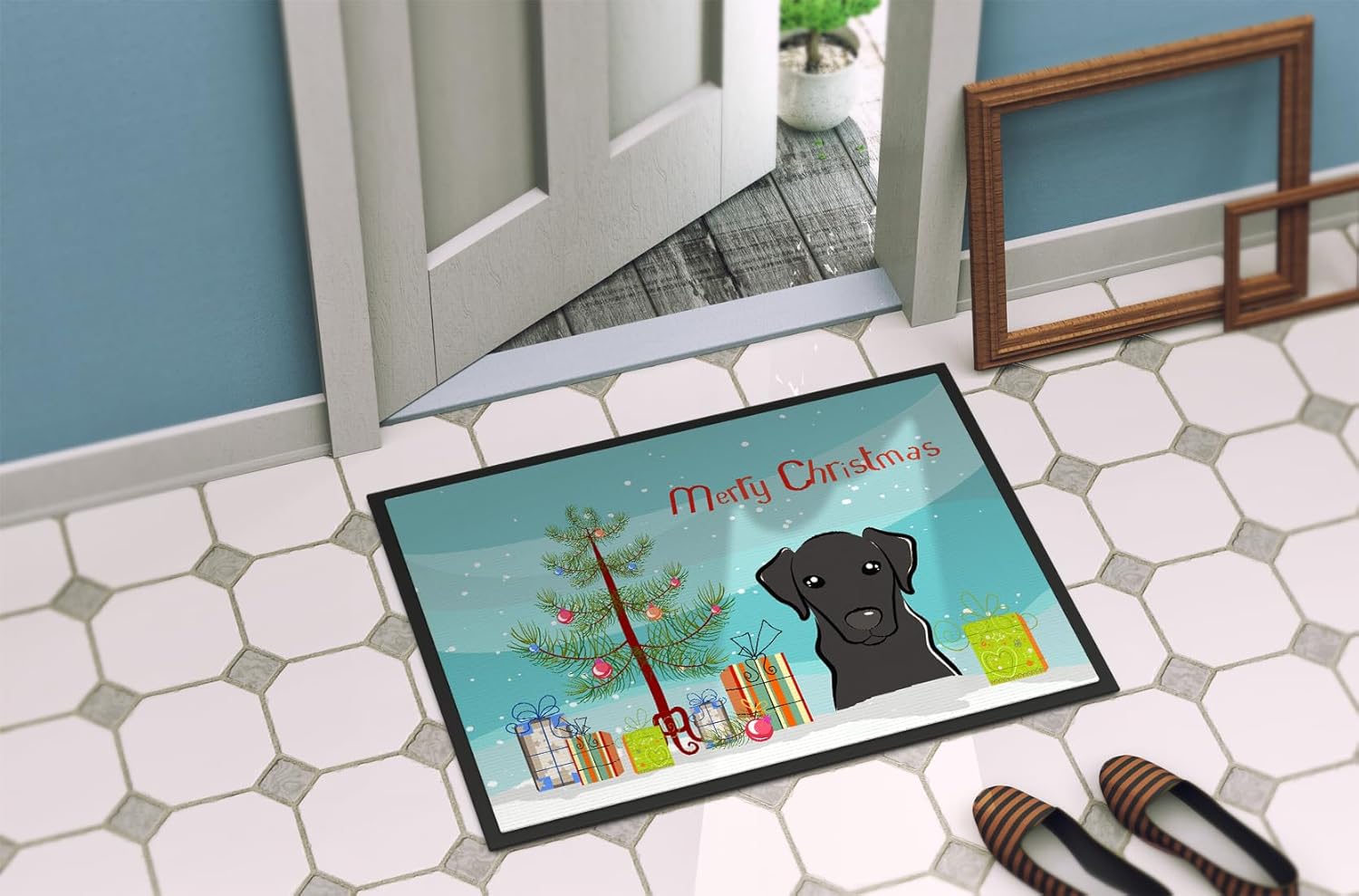 Caroline's Treasures BB1607MAT Christmas Tree and Black Labrador Doormat 18x27 Front Door Mat Indoor Outdoor Rugs for Entryway, Non Slip Washable Low Pile, 18H X 27W
