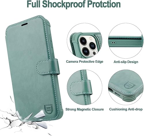 Miniatura 3 de VANAVAGY Funda tipo cartera compatible con iPhone 13 Pro para mujeres y hombres, funda de piel con bloqueo RFID con soporte para muñeca, carga