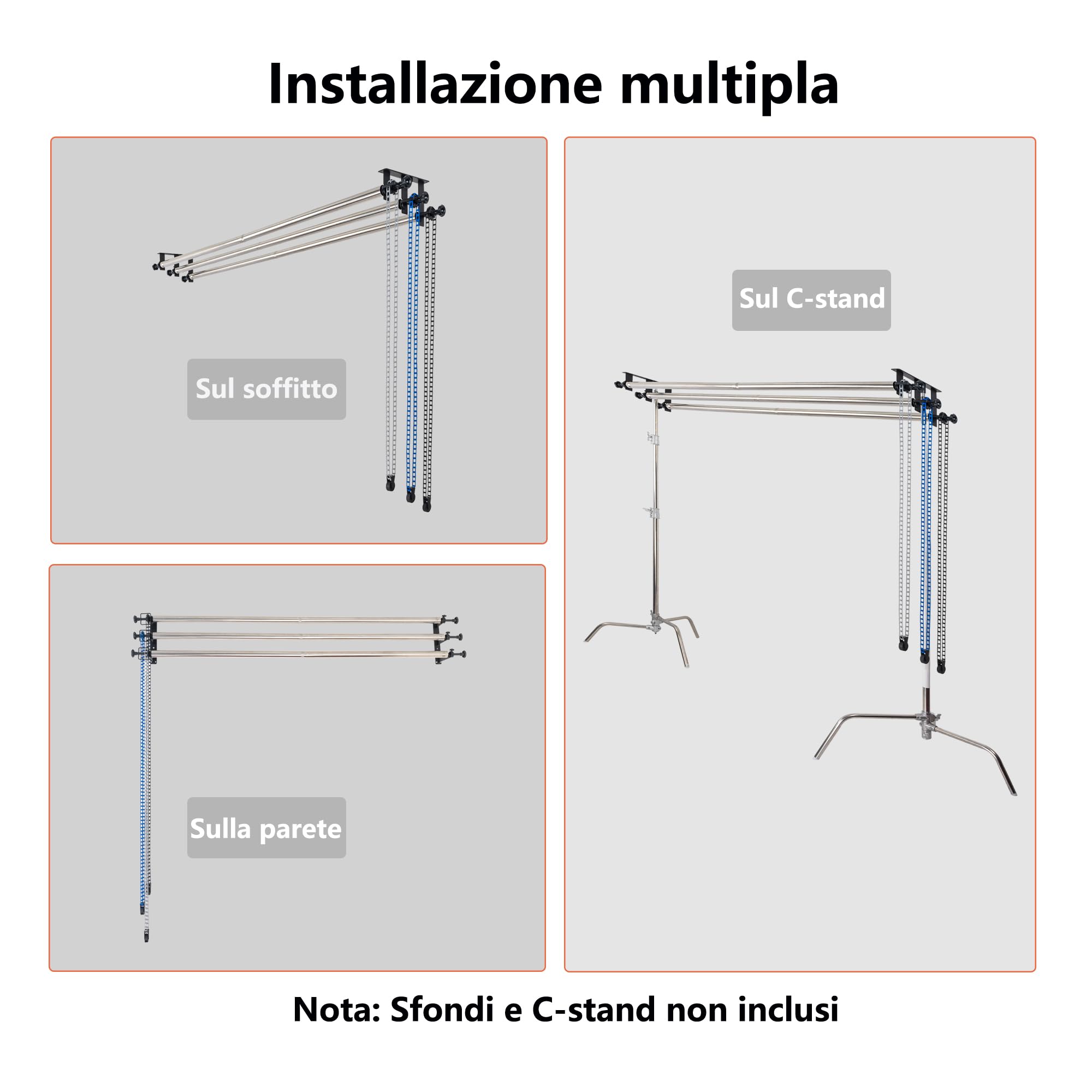 Sistema di supporto per sfondo fotografico, 3 rulli con catene, 3 metri in acciaio inox, traverse da parete/celing/luce da parete, supporto per sfondo, supporto per sfondo