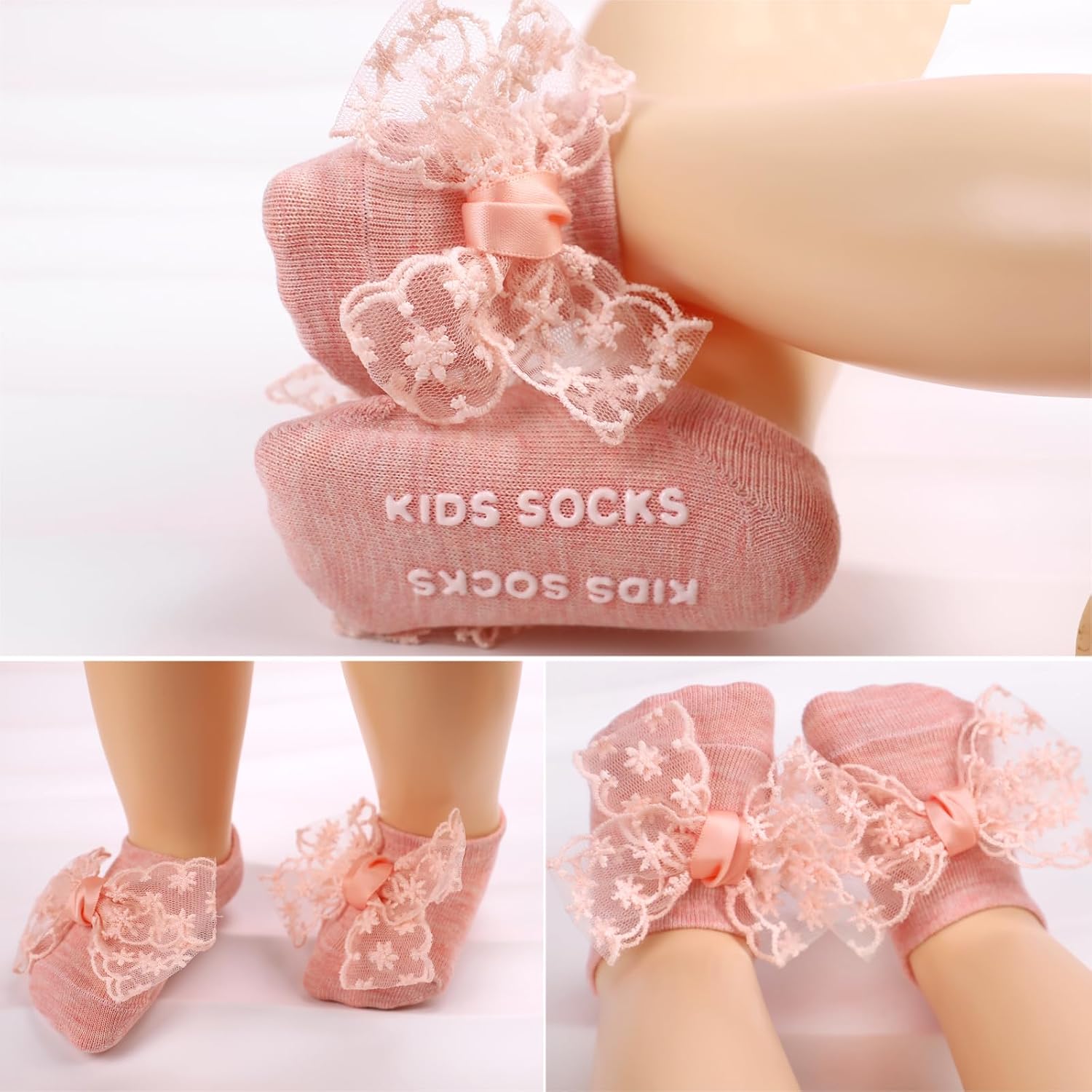 3 Pairs Baby Girls Socks, Lace Bow Non-Slip Grips Sock Toddler Princess Low Cut Ankle Socks for Newborn,Infant