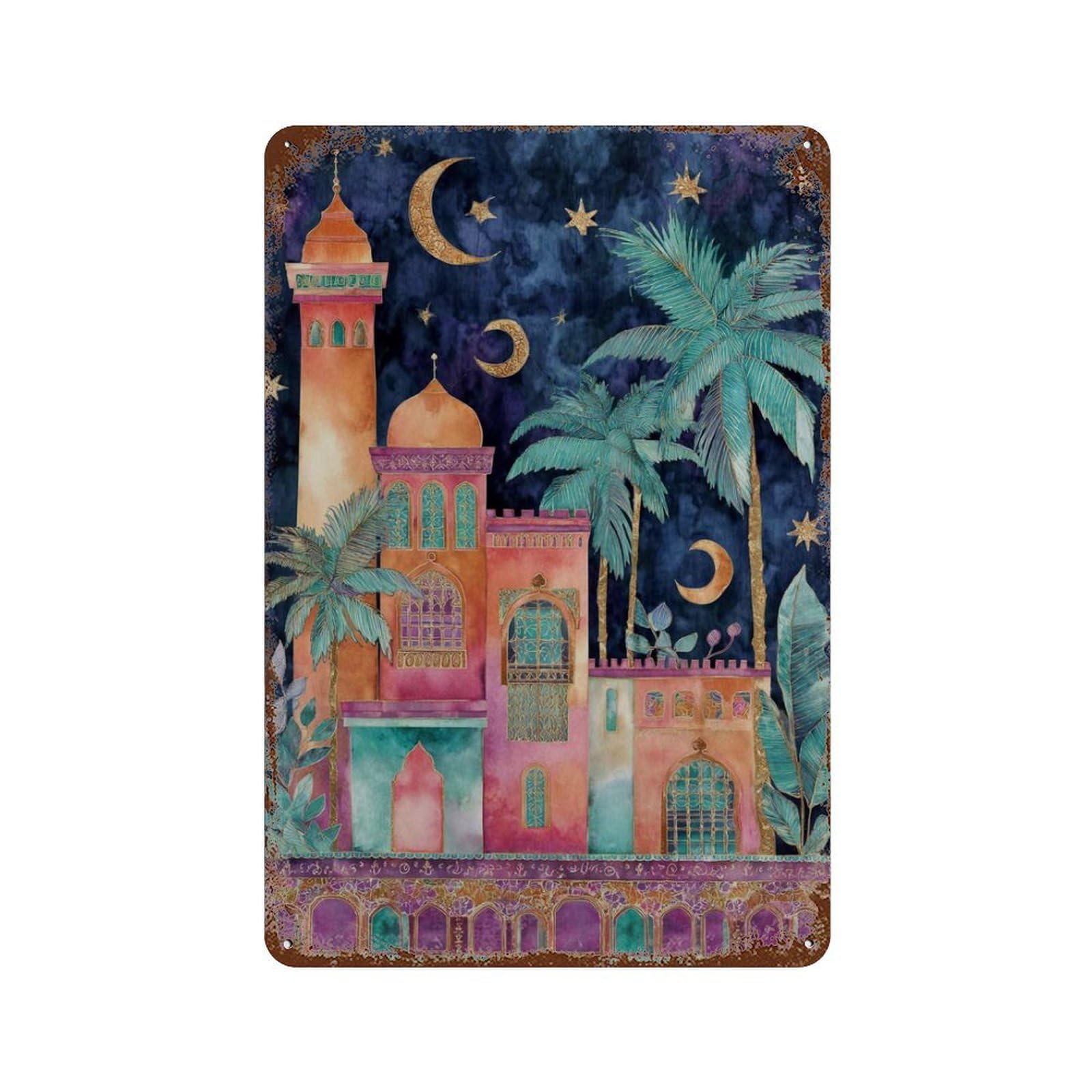 xiaoxiaoshen Moorish Palace Moroccan Night Crescent Moon Exotic Architecture Dreamy Arabian (2) Wall Decor Art Metal Tin Poster Modern Home Decor Art Home Bar Shop Decorations Vintage Sign 30x20cm