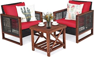 Tangkula 3 Pieces Patio Wicker Furniture Set, Rattan Outdoor Sofa Set w/Washable Cushion & Acacia Wood Coffee Table, Conversation Bistro Set for Garden Balcony Backyard (Red)