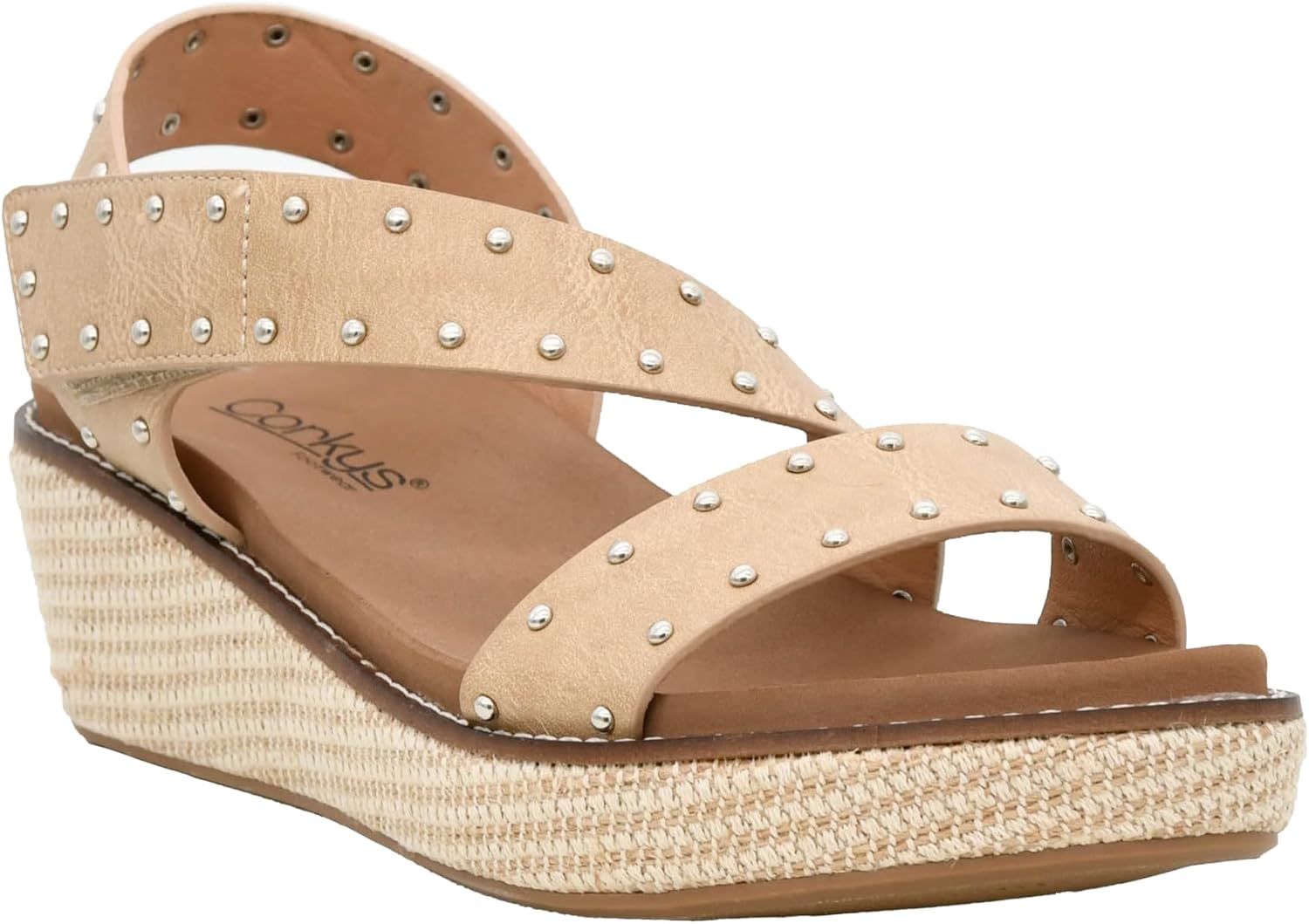 Corkys Footwear Women's Chit Chat Wedge – A Stylish Studded Strappy Sandal with a 2-Inch Heel, Hook & Loop Closure, EVA Cushioned Insole, and Raffia-Wrapped Outsole