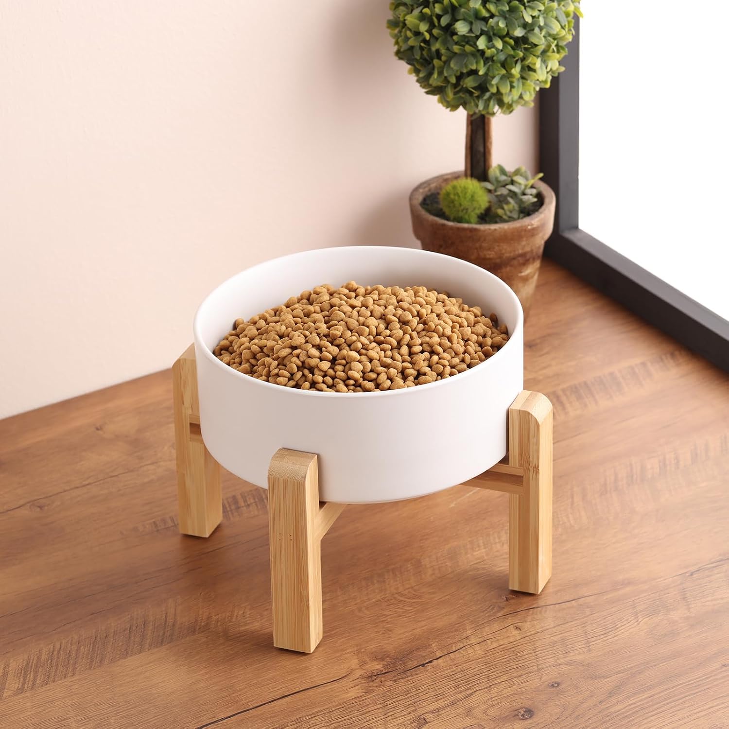 Elevated/Raised Ceramic Dog Bowl with Bamboo Stand (White, 7.6Cup)