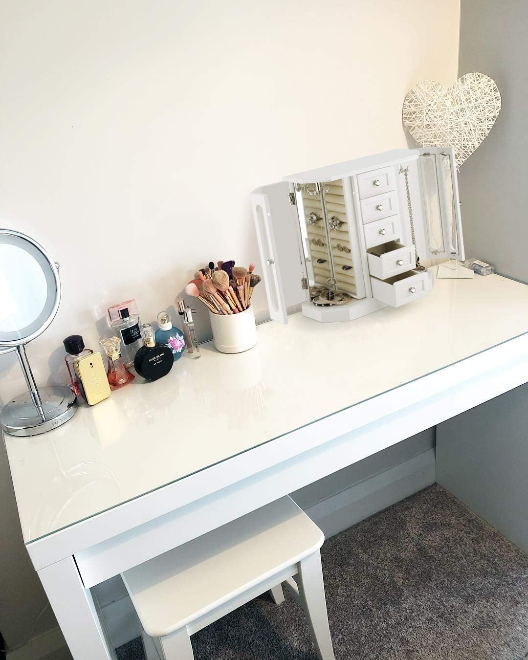 RR ROUND RICH DESIGN Jewelry Box - Made of Solid Wood with Cabinet Type 5 Drawers Organizer and 2 Separated Open Doors on 2 Sides and Large Mirror White