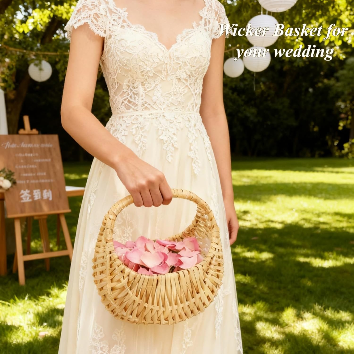 4 Packs Small Flower Girl Basket Rattan Half Moon Wicker Basket with Handle & Waterproof Lining for Wedding, Picnic, Garden, Home Decor (6.5 * 4.33 * 6.69in)