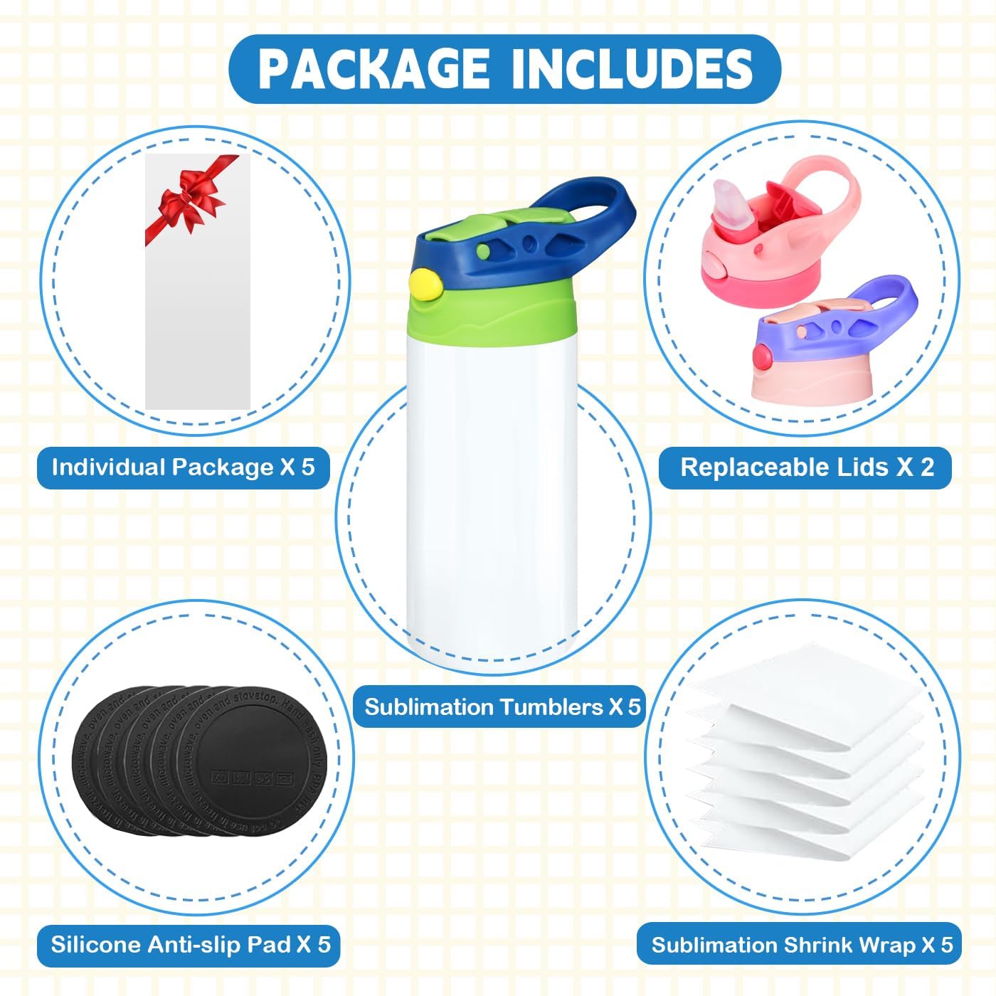 5 PACK Kids Sublimation Tumblers, 16oz Sublimation Sippy Cup Blank with Lids and Straw, Stainless Steel Blank Water Bottle for DIY Crafting Gift (5pack) - Image 4