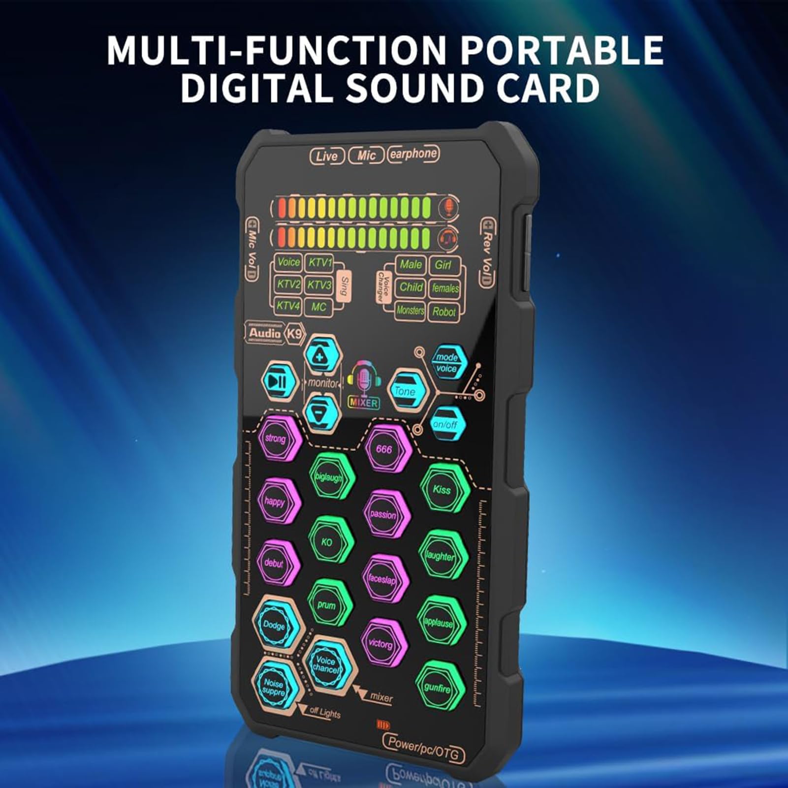 XUMIUZIY Mixer Audio Scheda Audio K9, 6 modalità di Canto 6 Effetti Vocali con Riduzione del Rumore Ducking, per Streaming Live Podcasting Karaoke DJ Performance