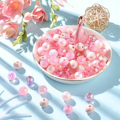 Miniatura 4 de KitBeads 100 cuentas gruesas rosadas aleatorias de 0.631 pulgadas de estilos mixtos, cuentas de goma de mascar de plástico con forma de bola redonda