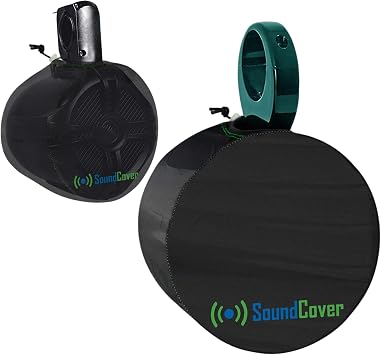 Marine Wakeboard Tower Speaker Covers for 6.5 Round or 6x9 Oval Speakers 210T Polyester w/ Silver UV Coating Water-Resistant, Double-Stitched with Drawcord, Drainage Eyelets Medium Set of 2