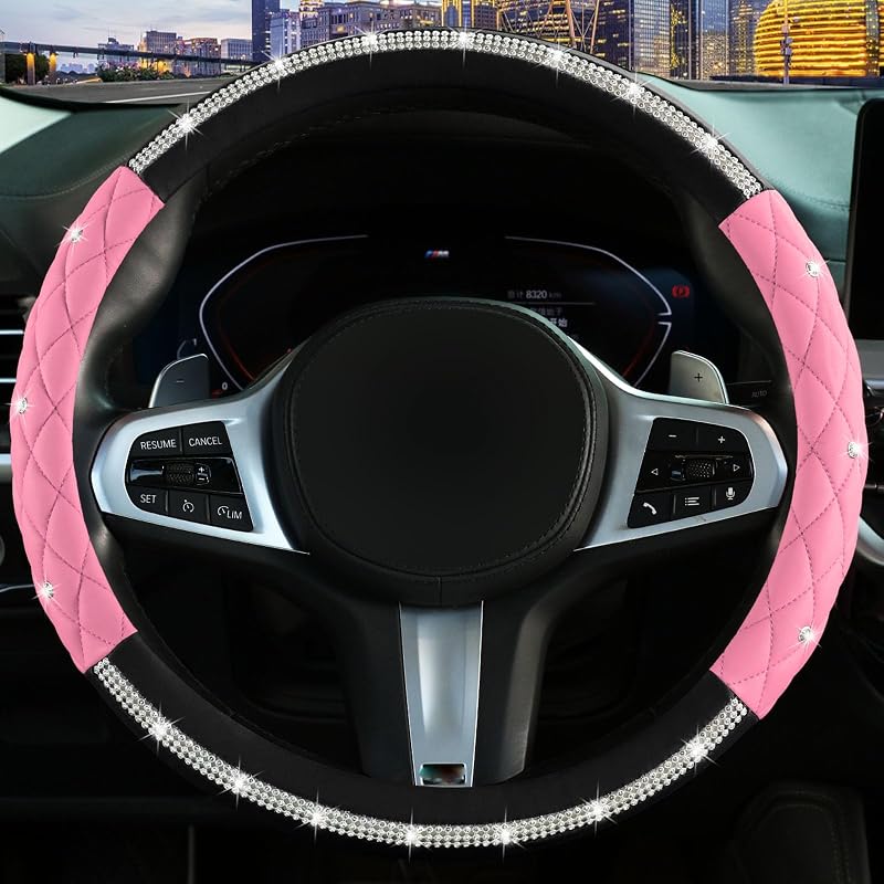 Capa para Volante LANPU SURE em Couro Sintético com Strass, Antiderrapante, Preta e Rosa, para Volantes de 37–38 cm (14,5–15 pol.)