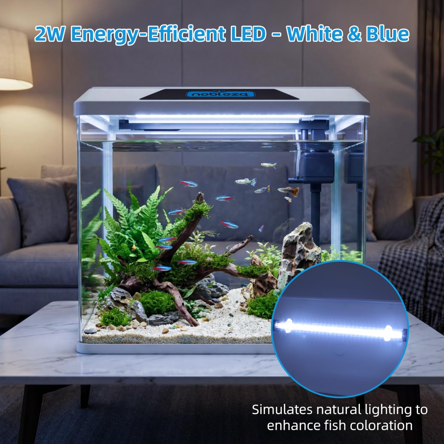 Nobleza - Acquario in Vetro 54L Kit Completo con Filtro e Luce LED Bianco
