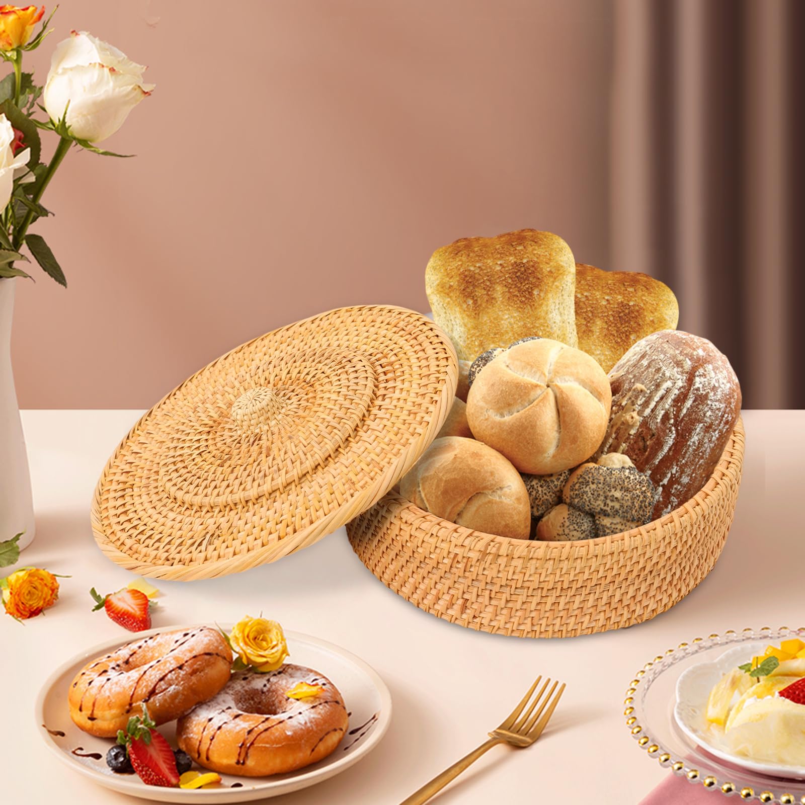 Tortilla Wärmer, Tortilla-Korb, Gewebtes Aufbewahrungsbox mit Deckel, Rattan-Tortilla-Halter für Pfannkuchen, Taco-Brot, Schreibtisch-Organizer (26 x 9 cm)