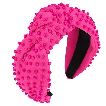 YISSION 1PC Pearl Knotted Headband for Women Non Slip Beaded Headband Wide Pearl Headbands Jeweled Embellished Hairband Hot Pink Head Band Hair Accessories for Women Girls