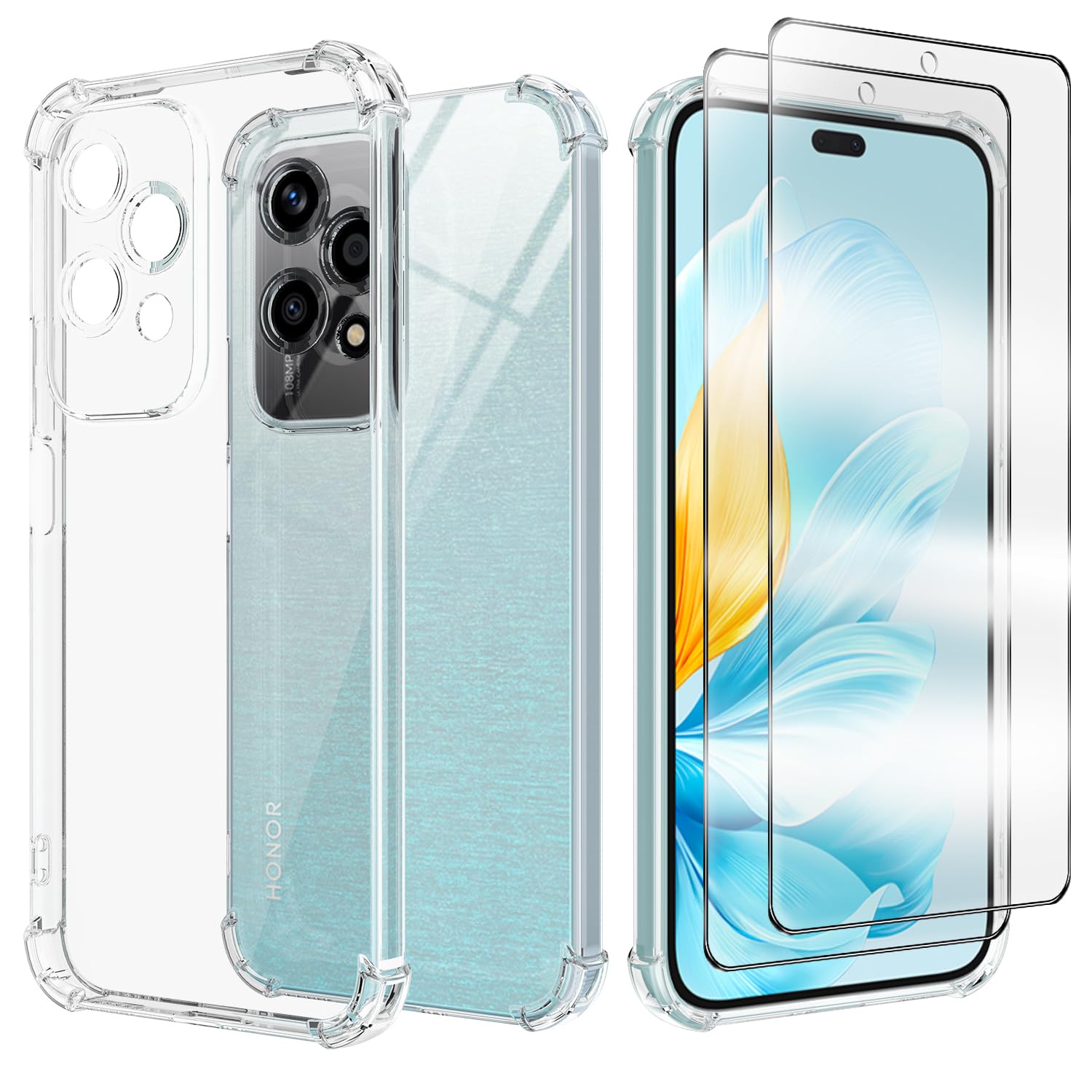Cover Honor 200 Lite + 2 Pellicole Vetro Temperato – Custodia Morbida TPU Antiurto (Nero)