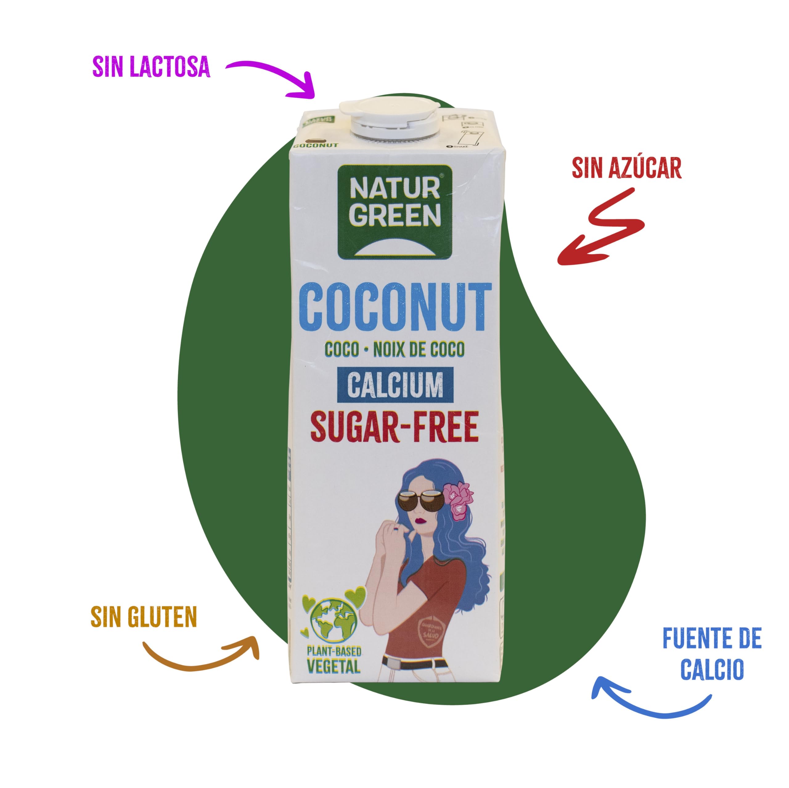 NaturGreen Coconut Calcium Sin Azúcar, Bebida Vegetal de Coco con Calcio Añadido, Vegano, Sin Gluten, Sin Lactosa, 1L