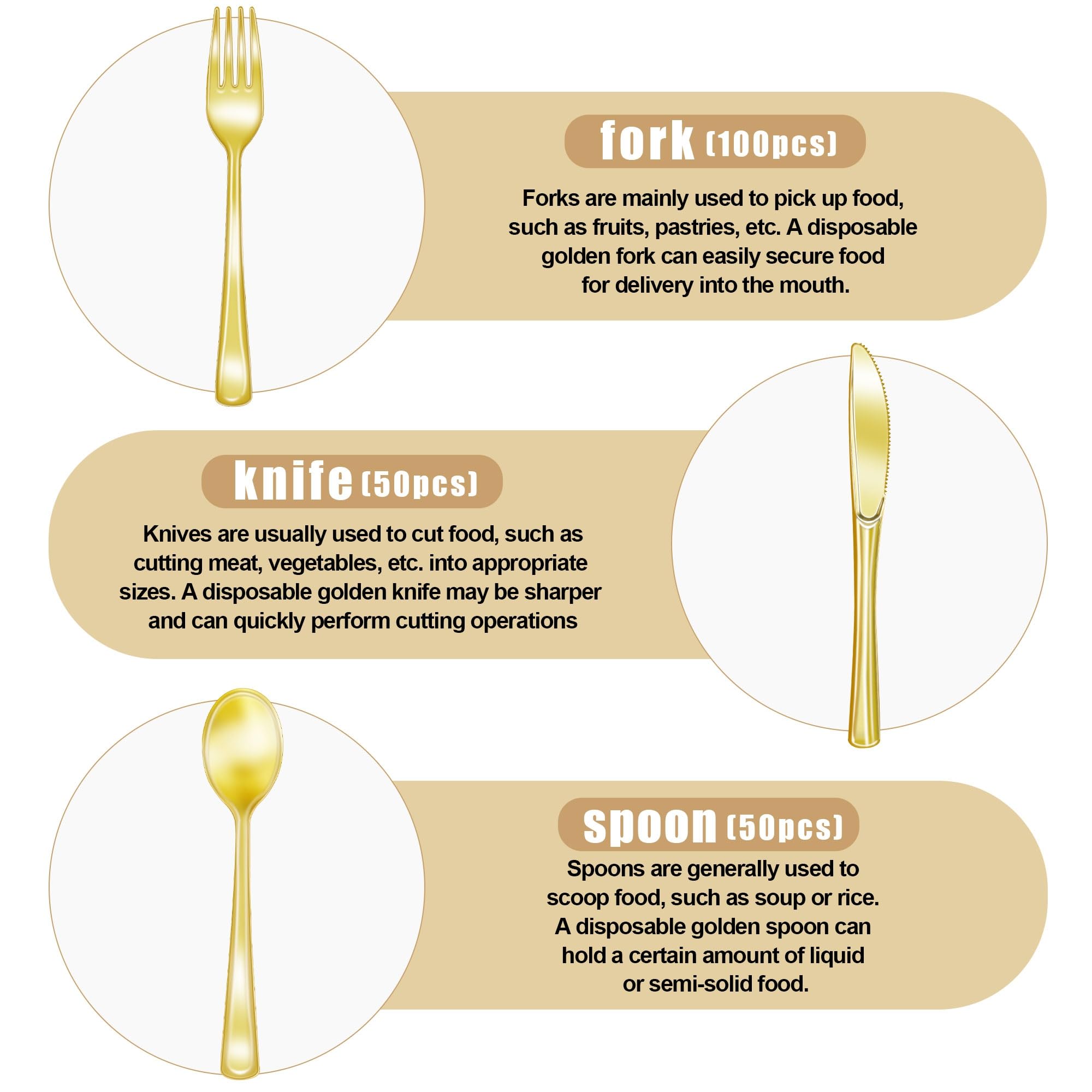 Zcaukya 200 Pieces Gold Plastic Silverware Set, Disposable Cutlery Set Including 100 Forks, 50 Knives and 50 Spoons, Eating Implements Flatware in Bulk for Dinner, Weddings and Birthday Parties