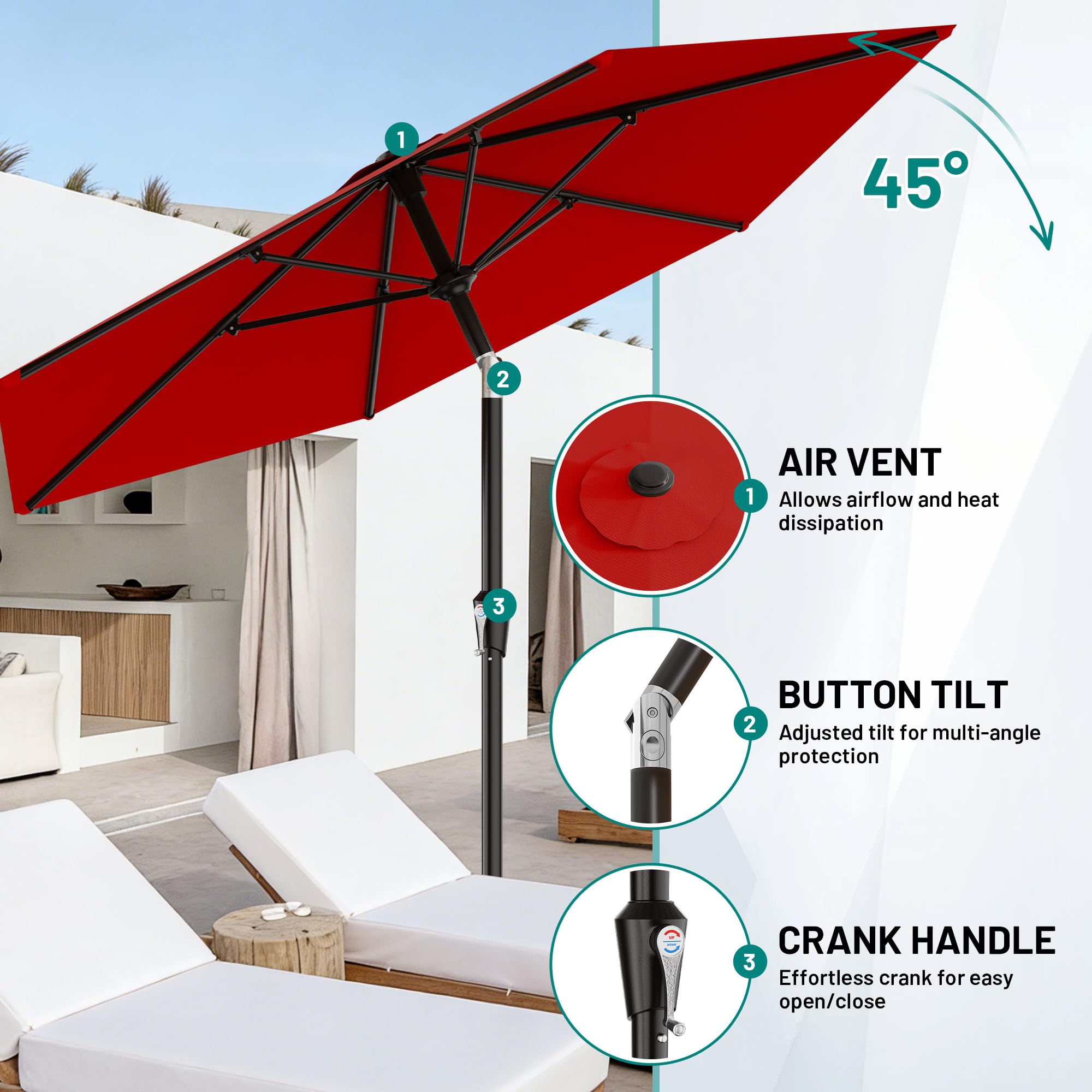 AreShark 10 FT Patio Umbrella for Outdoor, Outdoor Table Umbrella with Push Button Tilt and Crank, Outdoor Patio Umbrellas with 6 Sturdy Ribs, Patio Umbrellas for Market, Garden, Pool (Red) — view 2