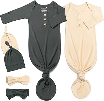Baby Noah Newborn Knotted Gown Set with Hat and Headband, Soft Tie Bottom Newborn Sleepers for Baby Girl Boy 2 Packs
