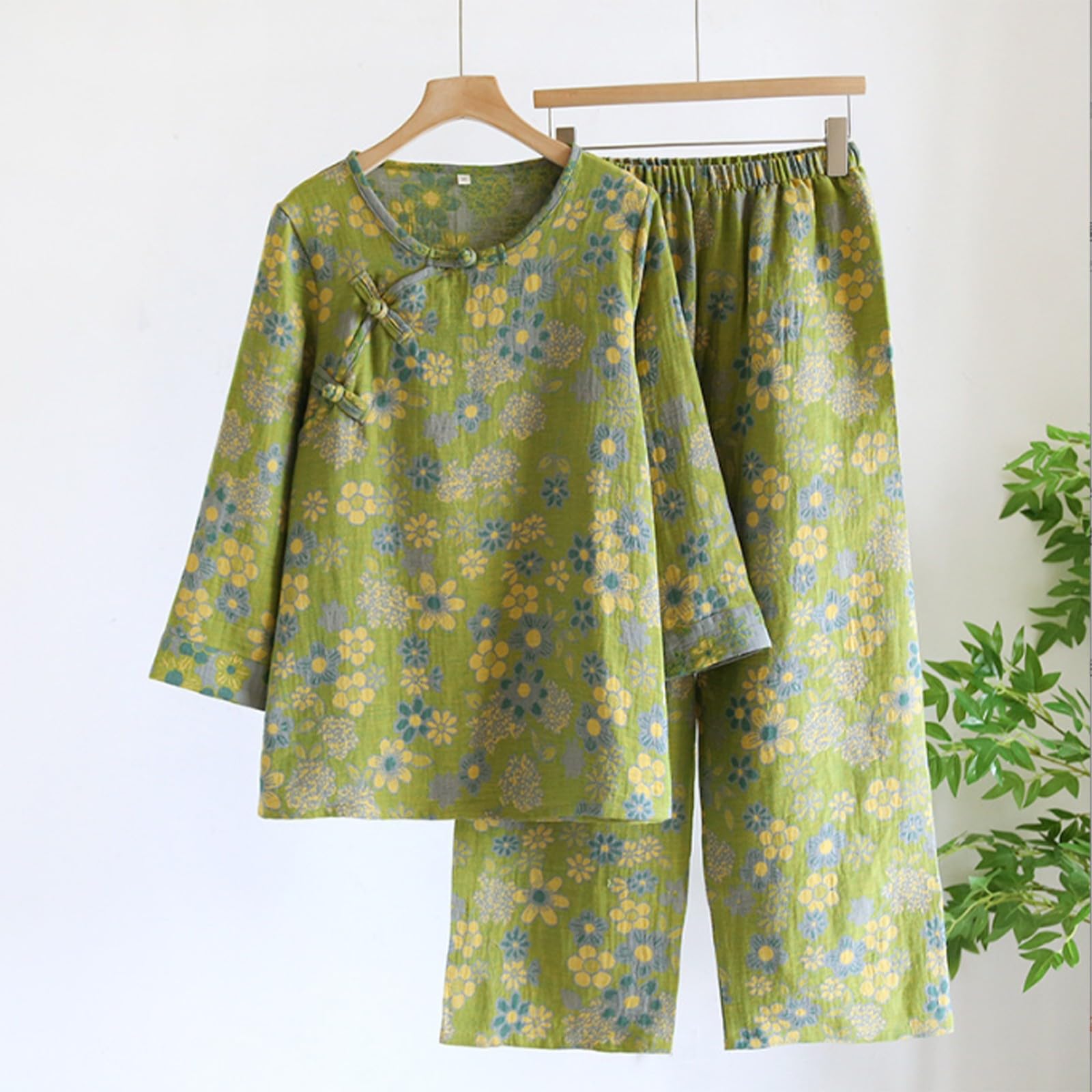 Pigiama cinese da donna verde pigiama da donna jacquard retrò loungewear confortevole pigiama fantasia Pan fibbia pigiameria due pezzi vestito obliquo collare pigiama manica lunga casual abbigliamento