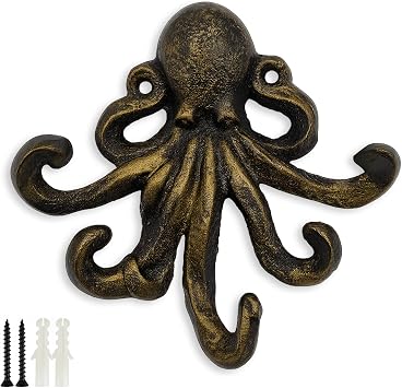 Octopus Cast Iron Wall Hook Nautical Decorative Key Holder, Coastal Ocean Theme Animal Hook for Entryway, Bathroom, or Bedroom, Heavy Duty Antique Bronze