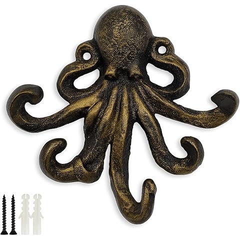 Octopus Cast Iron Wall Hook – Nautical Decorative Key Holder, Coastal Ocean Theme A...