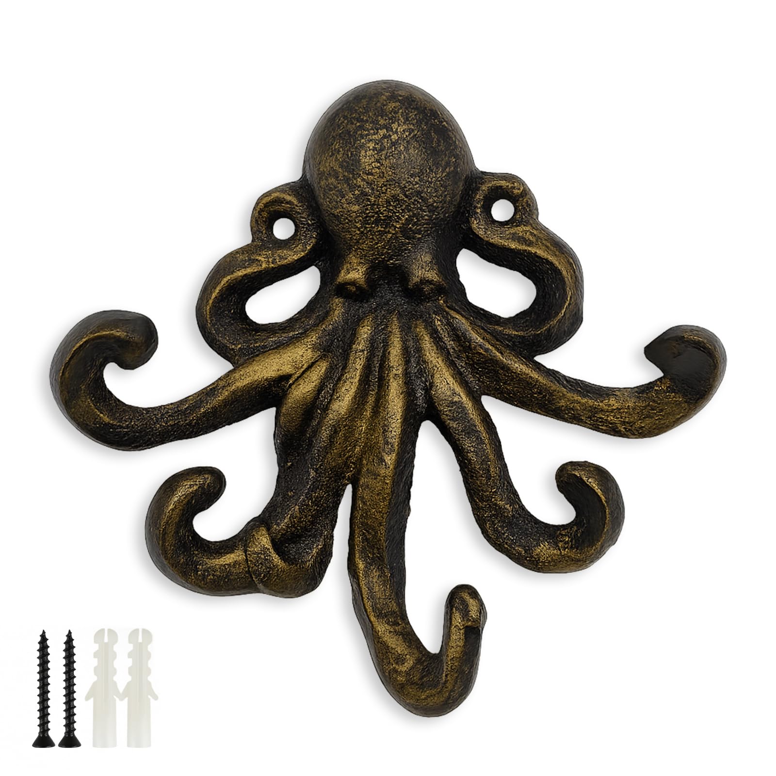 Octopus Cast Iron Wall Hook – Nautical Decorative Key Holder, Coastal Ocean Theme Animal Hook for Entryway, Bathroom, or Bedroom, Heavy Duty Antique Bronze