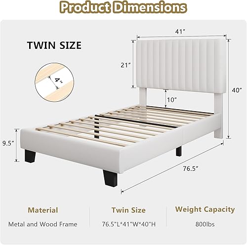 Miniatura 2 de iPormis Marco de cama tamaño twin, cama de plataforma tapizada con cabecera de terciopelo, patas de cama anchas y soporte de listones de madera