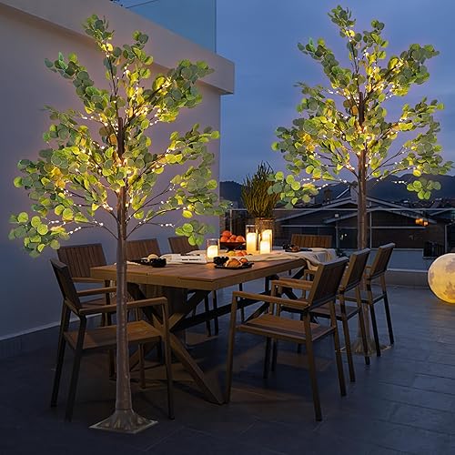 Miniatura 1 de 2 piezas de olivo con luces de 6 pies + 7 pies, olivo artificial iluminado al aire libre, árboles de Navidad iluminados parpadeantes para decoración