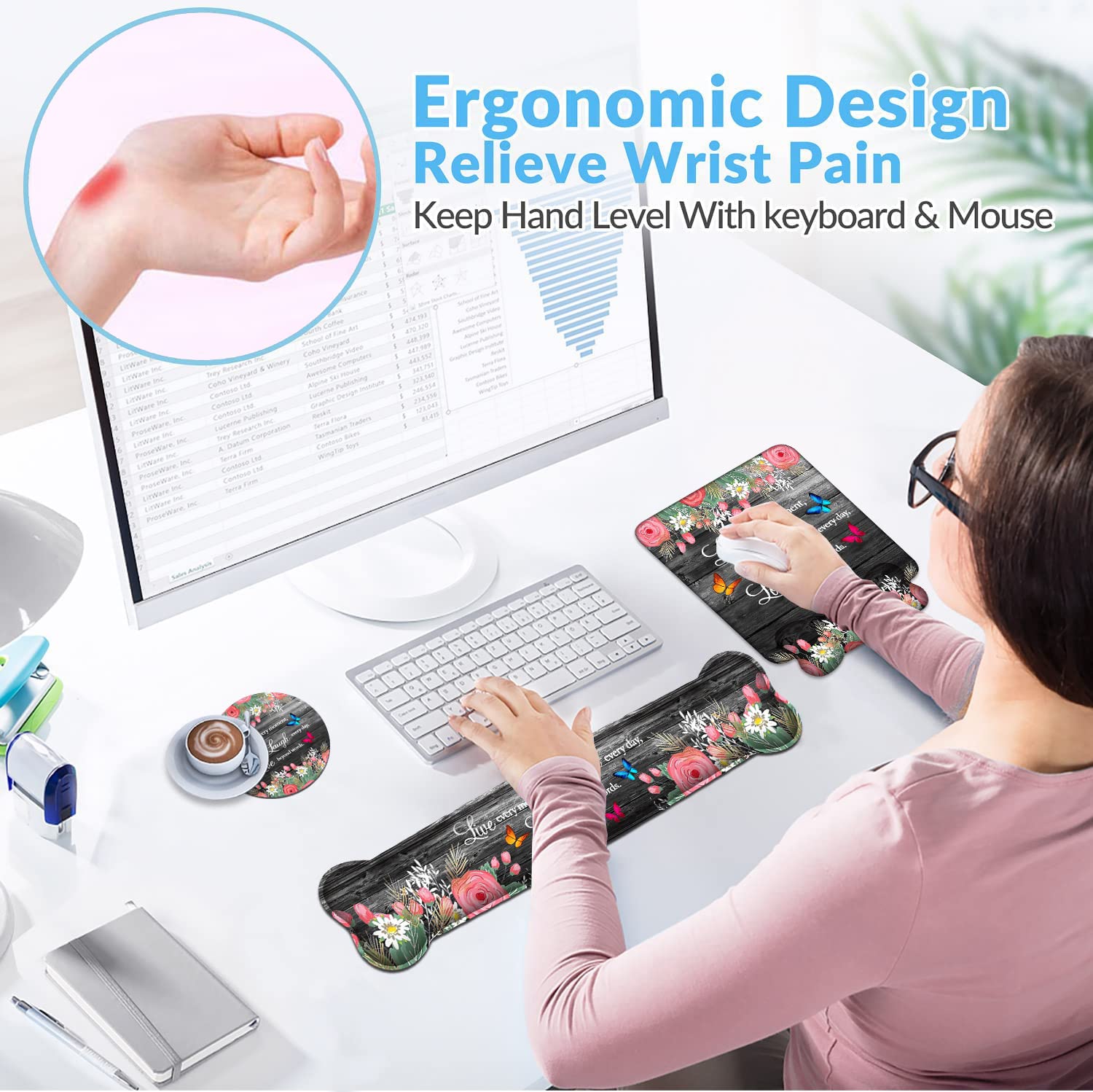 Keyboard Wrist Rest + Mouse Pad Wrist Support Set with Coasters, Non-Slip PU Base Ergonomic Mousepad for Home Office Working Studying Easy Typing & Pain Relief, Floral Quote Live Laugh Love