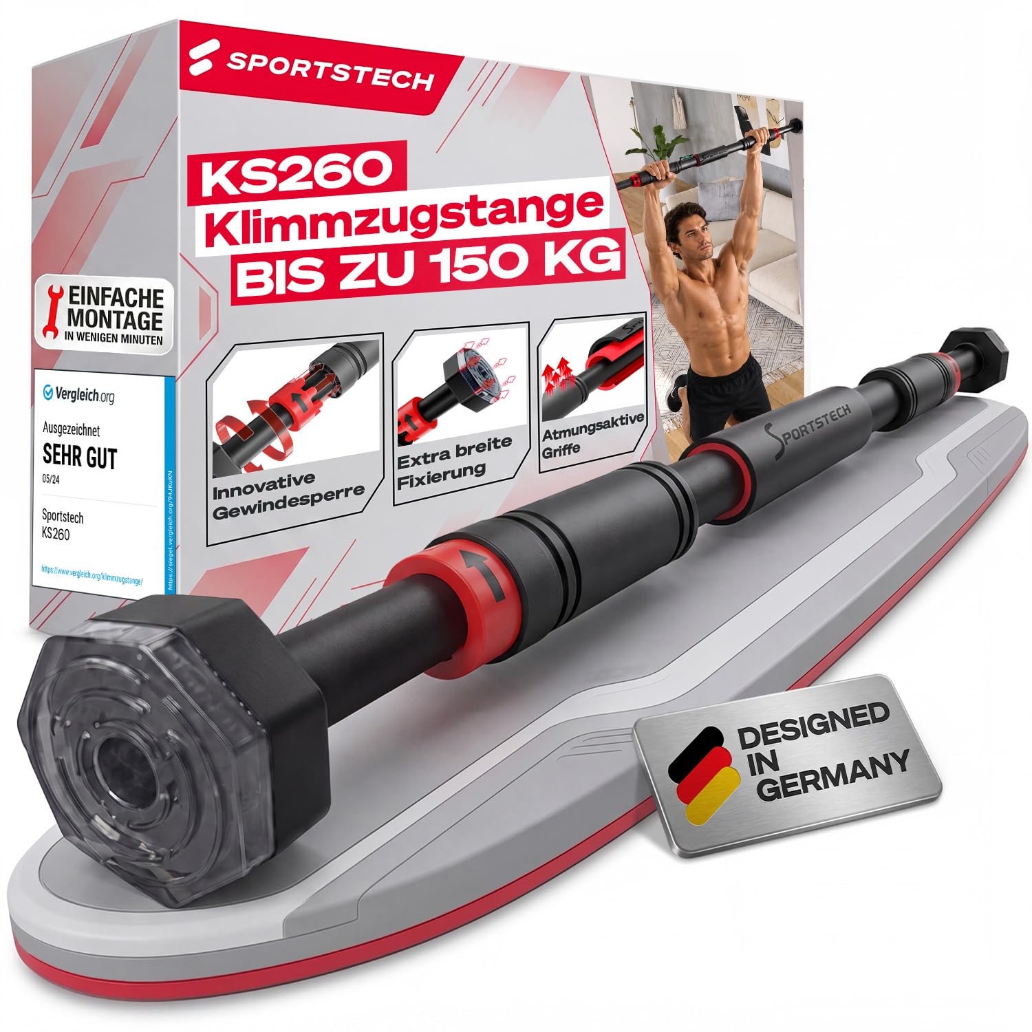 Klimmzugstange Türrahmen ohne Schrauben – Pull Up Bar mit Gear-Lock | bis 150/200 kg, anpassbar bis 90 cm | Türreck für Klimmzüge, Dips &amp; Calisthenics zuhause | SPORTSTECH KS260 / KS270 inkl. eBook – Amazon Angebot