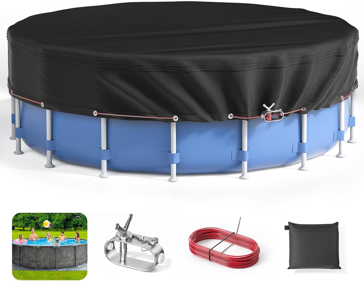 Round Pool Cover - Covers for Above Ground Pools, Pool Cover Protector, Increase Stability Ground Swimming Pools, Waterproof and Dustproof Swimming Pool Covers, 12FT, Smoky Black
