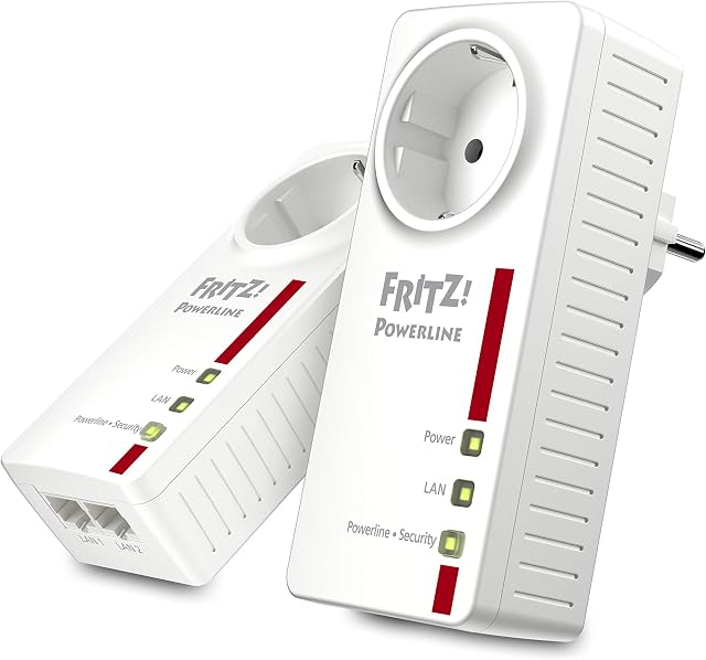AVM FRITZ! 20002753 Powerline 1220E Set of 2 Adapters with Through Socket, Up to 1200 Mbps, 2 Gigabit LAN Ports, Plug and Play, Eco Mode, White/Red