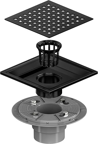 Desagüe de ducha cuadrado, rejilla de acero inoxidable 304 negro de 6 pulgadas y cuerpo de drenaje de PVC, rejilla con kit que incluye trampa para