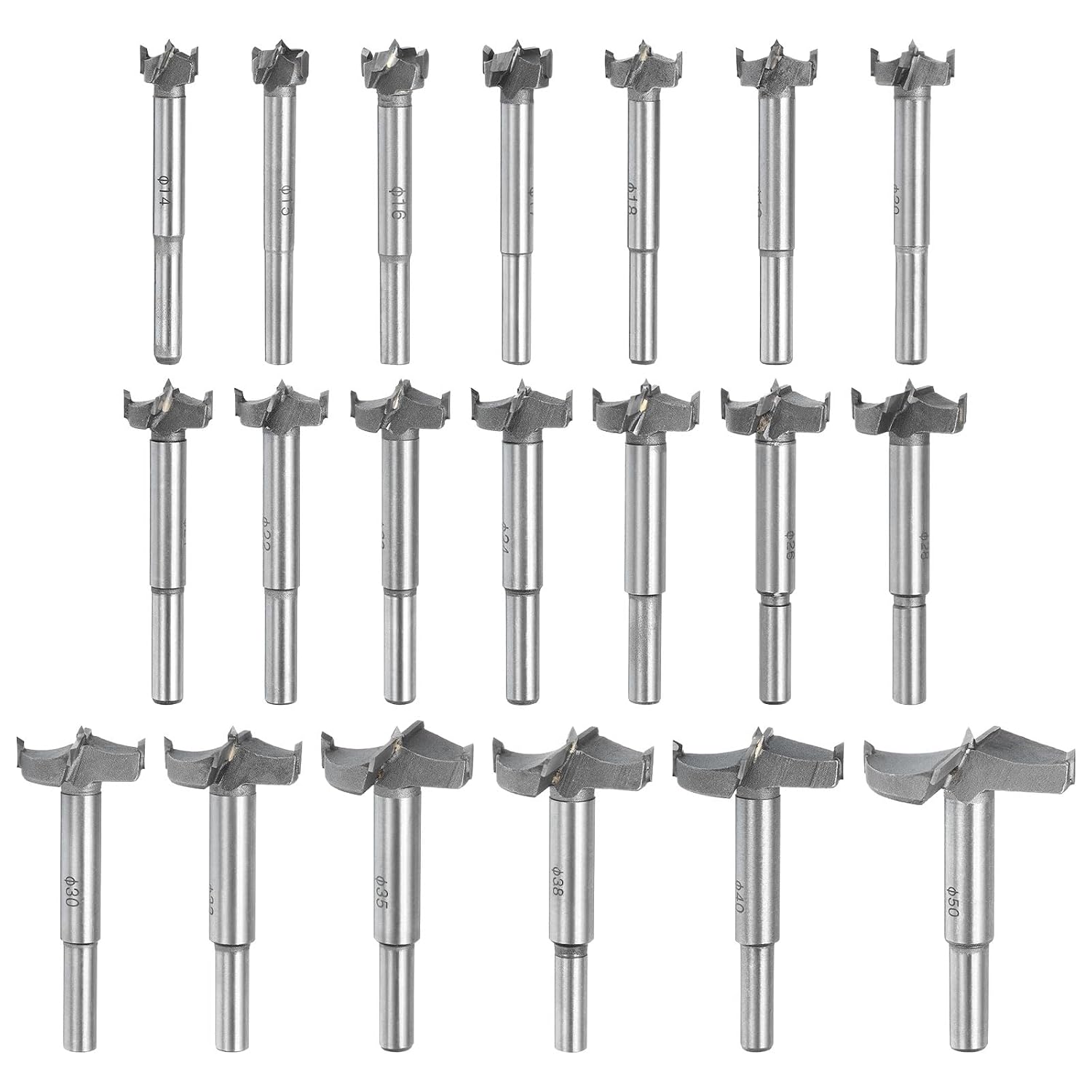 uxcell Forstner Drill Bits Set 14-50mm, Carbide Wood Drilling Saw-Tooth Auger Hole Opener Hinge Boring Bit Cutter, Silver, 20pcs