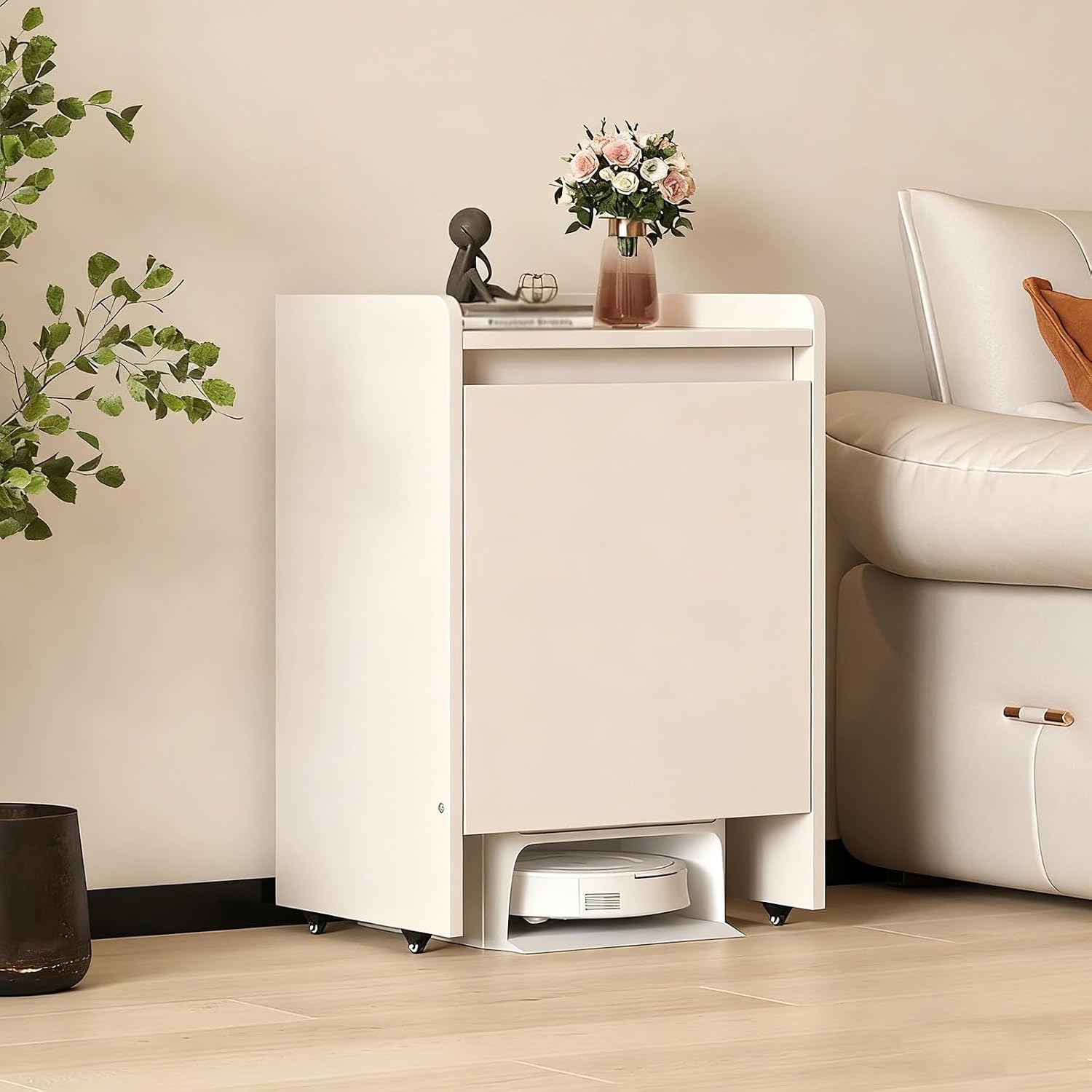 Mobile Sweeper Robot Vacuum Cabinet Shelf with Wheels, Portable Hidden Robot Vacuum Stand, Wood Freestanding Storage Cabinet Space Saver Home Furnishing(White,75 * 45cm/29.5 * 17.7in)