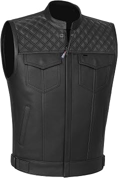 Jackets 4 Bikes SOA Mens Motorcycle Vest, Geniune Buffalo Leather, Back Armor, Inside Pockets, Motorbike Riding Club Vests Black XXL