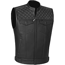 SOA Men's Motorcycle Vest, Geniune Buffalo Leather, Back Armor, Inside Pockets, Motorbike Riding Club Vests Black XL
