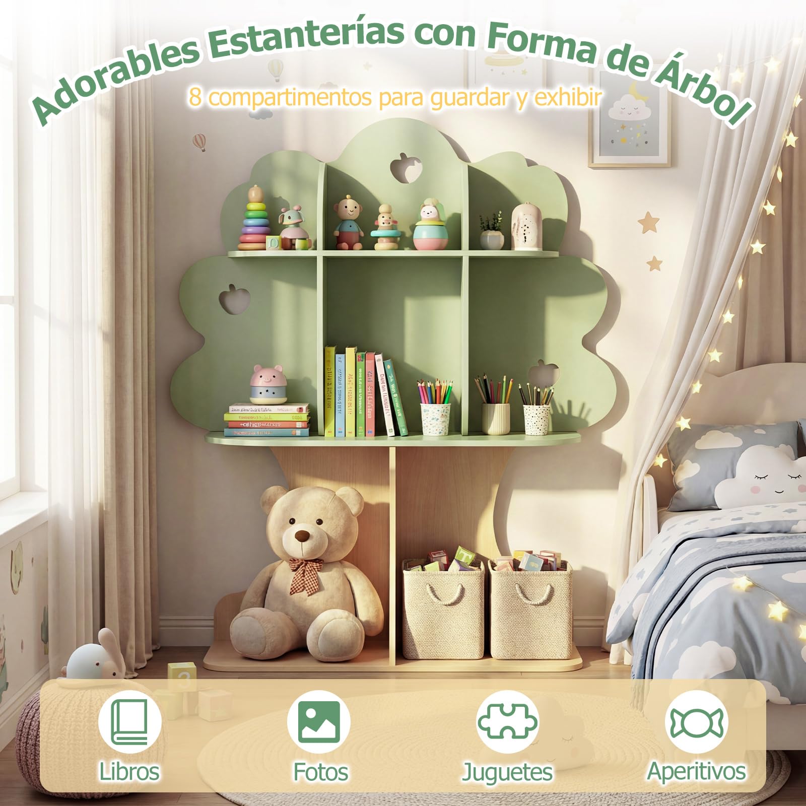 COSTWAY Estantería Infantil en Forma de Árbol, Librería para Niños con 8 Cubos Abiertos, Diseño de Manzanas Caladas, Organizador de Almacenaje para Sala de Juegos, Guardería, 97 x 28 x 114 cm