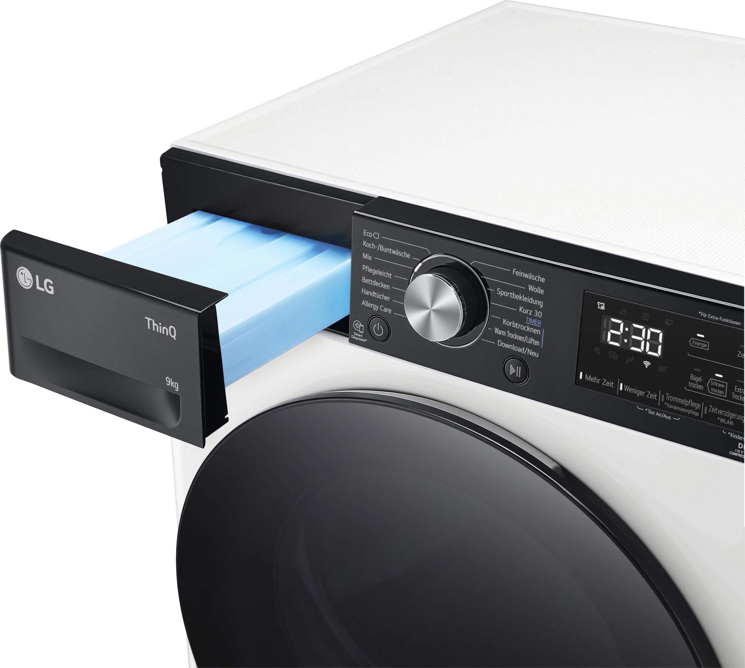 LG RT90V9P Wärmepumpentrockner – 9 kg Kapazität, Dual Inverter Technologie, Automatisch selbstreinigender Kondensator, Sensor Dry, Allergy Care, Reversive Trommel, Smart Diagnosis, ThinQ App, Weiß