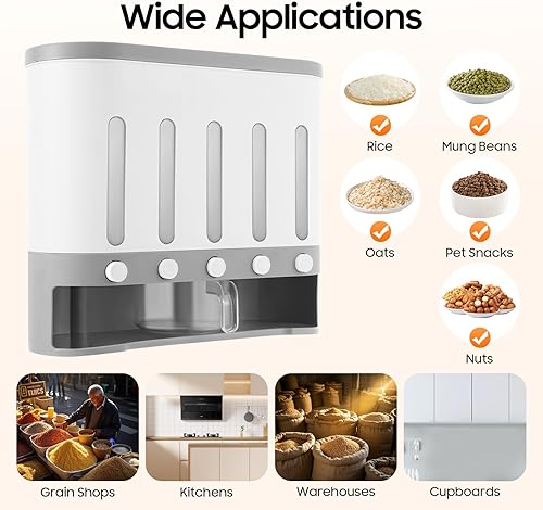 Miniatura 7 de Dispensador de arroz con taza, dispensador de alimentos secos de 5 rejillas montado en la pared, cubo de arroz, contenedor de almacenamiento de