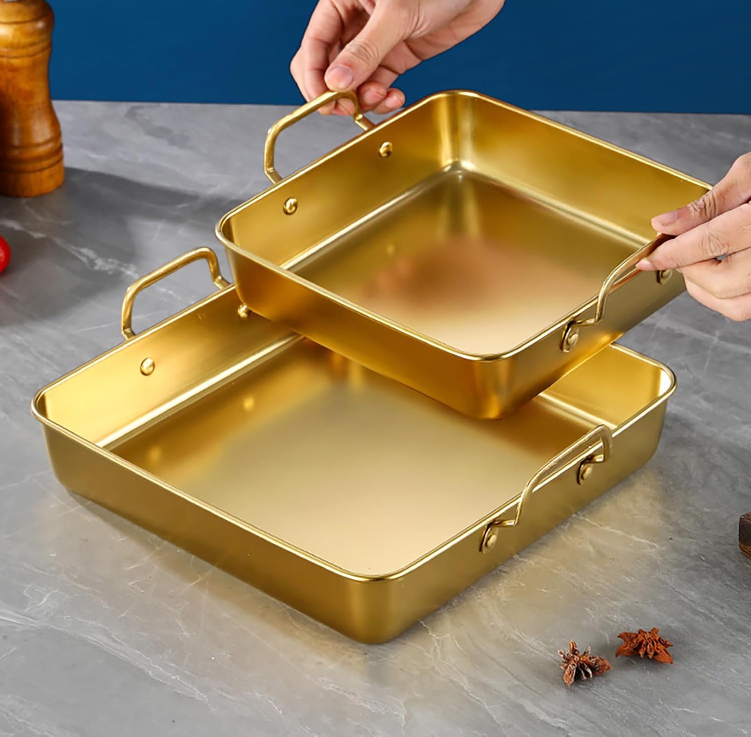 Pan with Cooling Rack, 10.3 Inch x 10.3 Inch x 2 Inch Gold Stainless Steel Tray with Handles for Chicken (Gold)